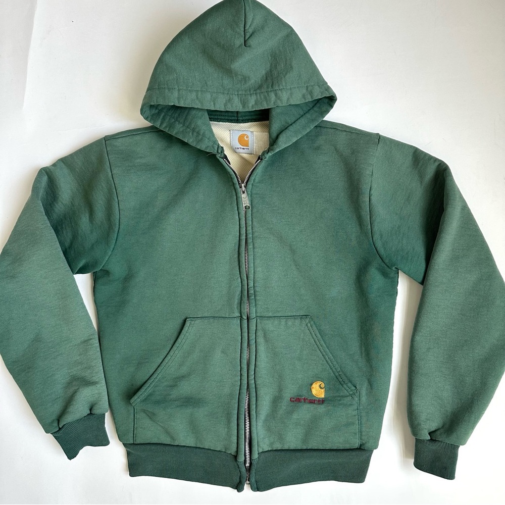 Vintage Carhartt Men's Green Zip-Up Hoodie Lined in Waffle Knit M